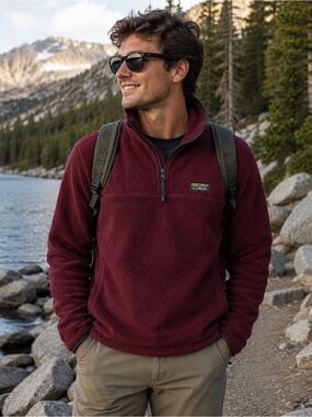 L.L.Bean Men’s Fleece Pullover Size XL Burgundy Quarter Zip Outdoor Gorpcore